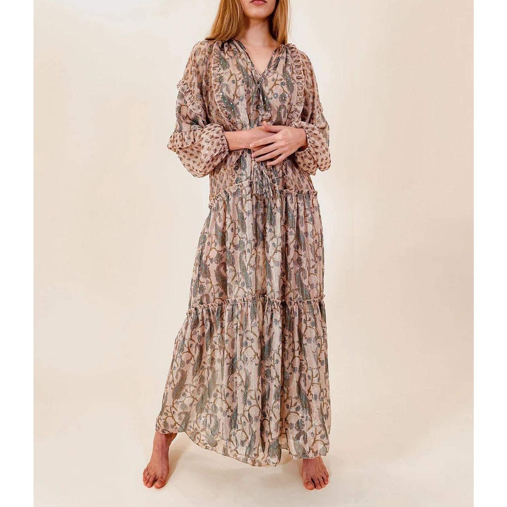 Debbie‎ Katz South Beach Boho Paisley 100% Viscose Maxi Dress XL Sequin Metallic